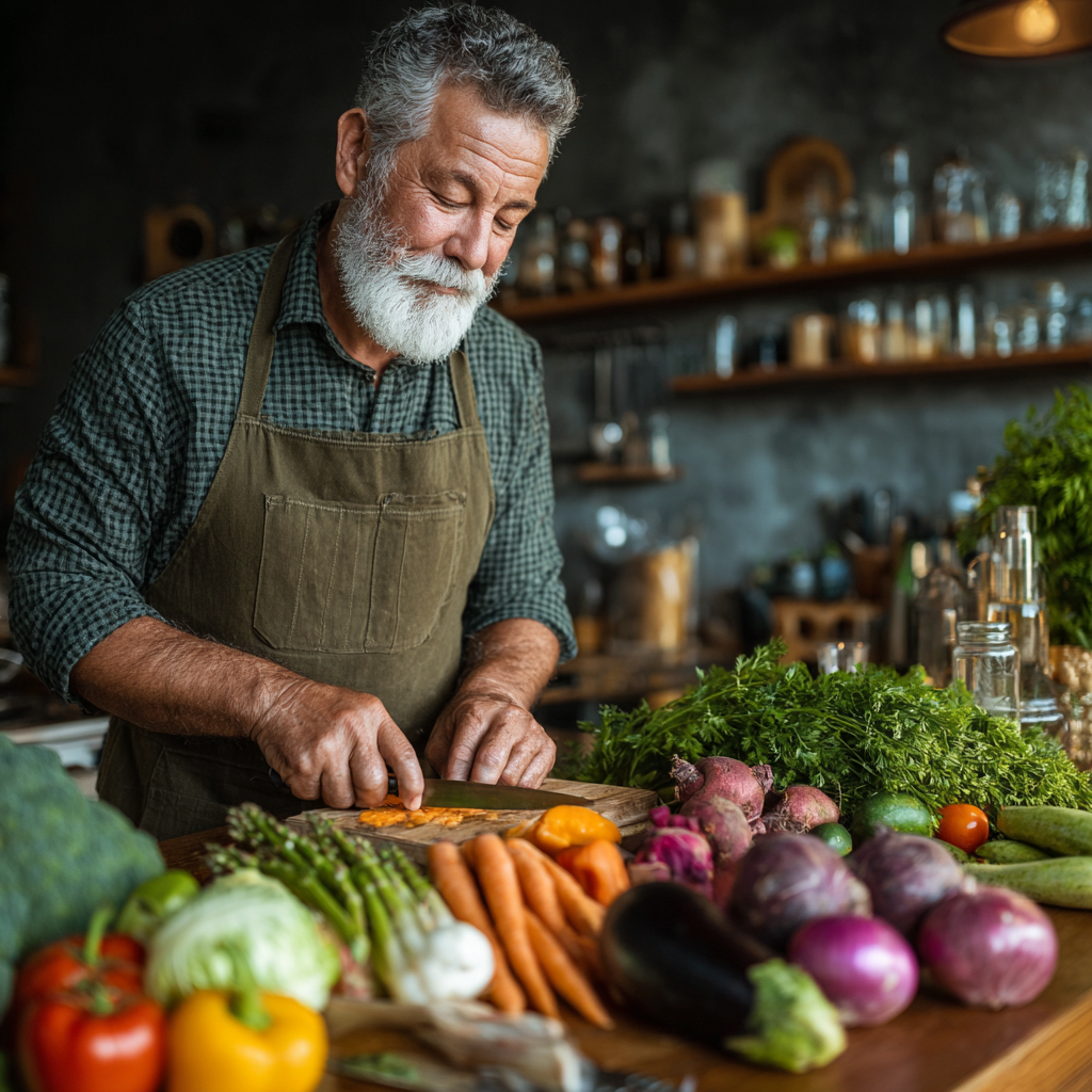 Чоловік 58 років готує здорову їжу на кухні, на столі різноманітні свіжі продукти