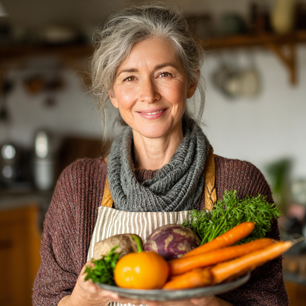 Здорова жінка 55 років посміхається, тримаючи тарілку зі свіжими овочами та фруктами на кухні