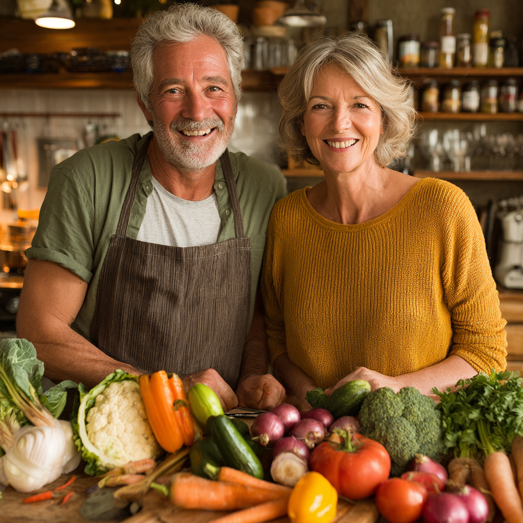 Пара середнього віку (чоловік 55 років та жінка 53 роки) разом готують здорову їжу на кухні, посміхаються