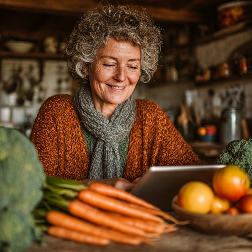 Жінка 52 років усміхається, дивлячись на планшет з планом харчування, на столі здорові продукти
